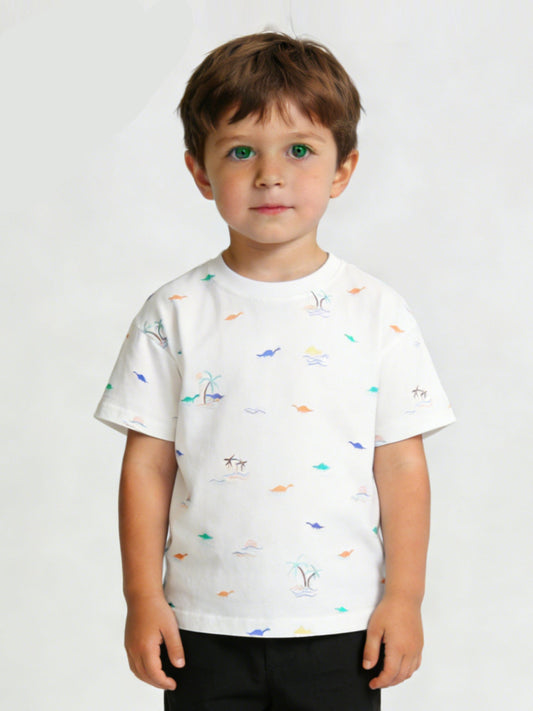 Cartoon Dinosaur Print Short Sleeve T-Shirt for Boys