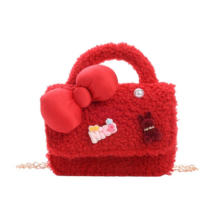 Cute Plush Red Children’s Handbag with Bow Design