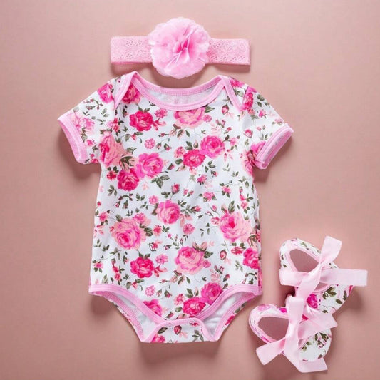 Infant Summer Romper Set with Short Sleeves and Leopard Rose Print