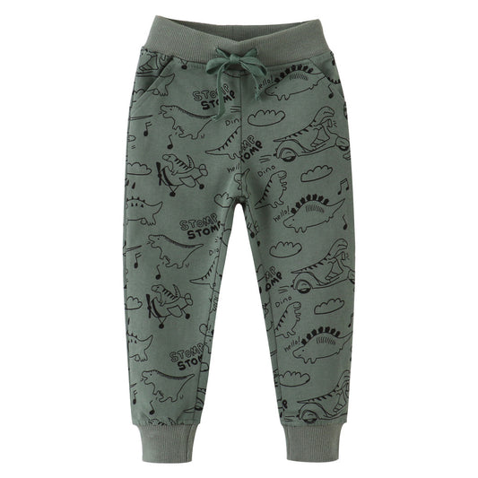 Boy's Dinosaur Print Cotton Sweatpants Trendy Casual Pants