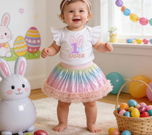 Easter Bunny Print Baby Outfit Set with Colorful Skirt and Accessories