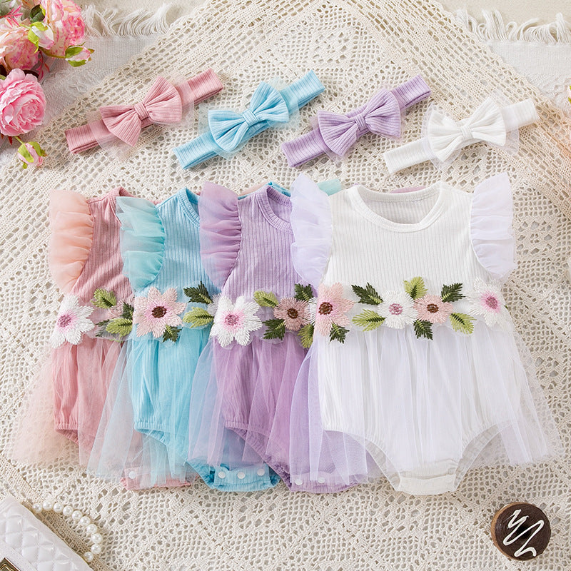 New Cute Floral Sleeve Baby Girl Mesh Romper Dress Set