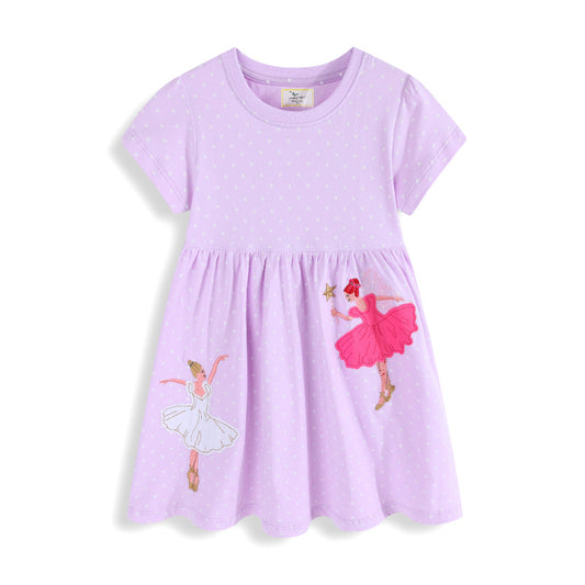 Girls' Summer Cartoon Princess Dress - Soft Cotton Short Sleeve