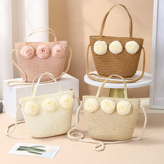 Fresh Style Children's Lace Pearl Bow Straw Hat Bag