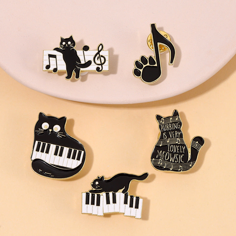 Cool Cartoon Black Cat Piano Brooch Cute Animal Lapel Pin