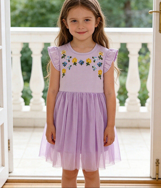 Floral Embroidered Cotton Dress With Ruffled Sleeves