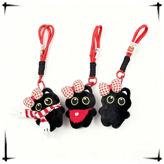 Cute Black Cat Plush Keychain with Red Scarf and Bow