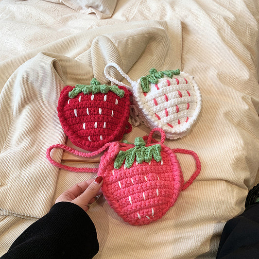 Cute Handmade Knitted Children's Coin Purse Strawberry Crossbody Bag