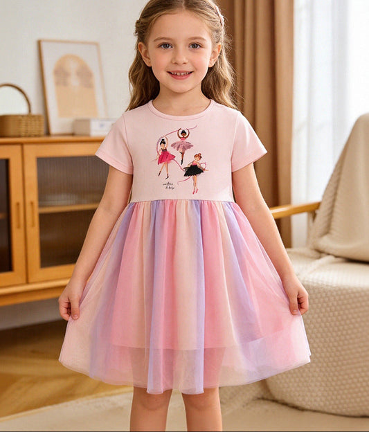 Rainbow Tulle Princess Dress for Girls Cotton Casual Summer Outfit