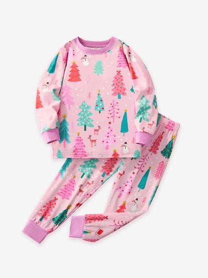 Cartoon Christmas Tree Print Milk Silk Pajama Set for Kids