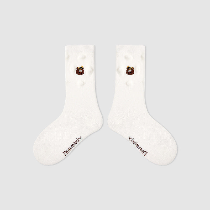 Kids Mid Calf Animal Embroidered Cotton Socks