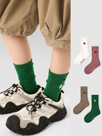 Kids Mid Calf Animal Embroidered Cotton Socks