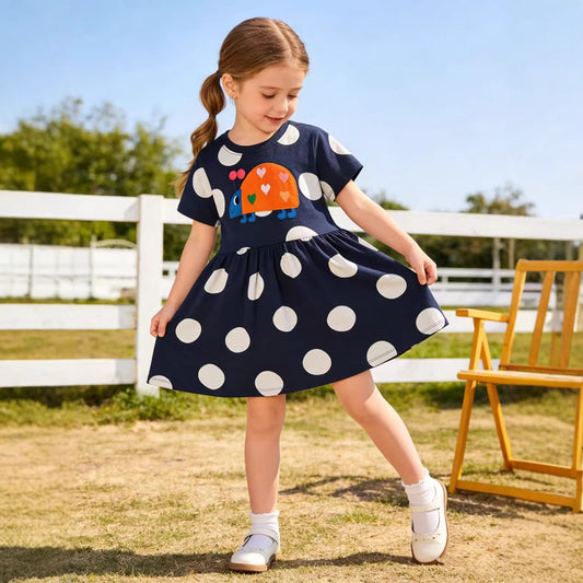 Girls' Cute Embroidered Cotton Dress with Short Sleeves