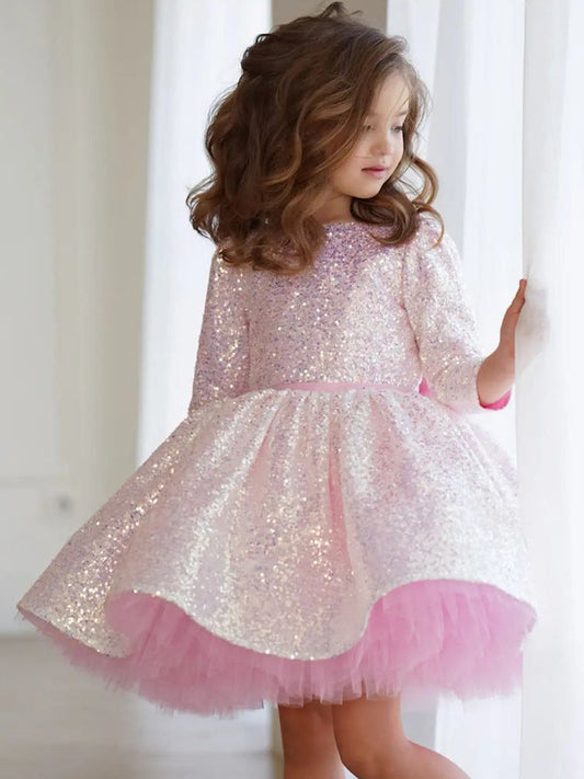 Girls' Pink Long Sleeve Sparkly Princess Birthday Dress