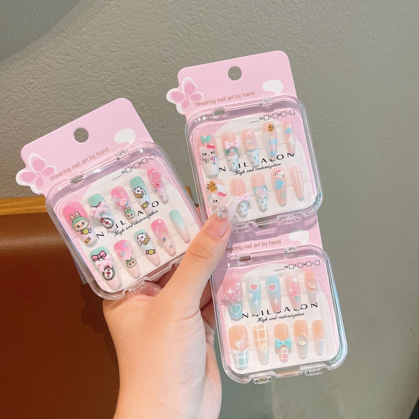 Cute Cartoon Long Nail Stickers with Heart Bow for Kids