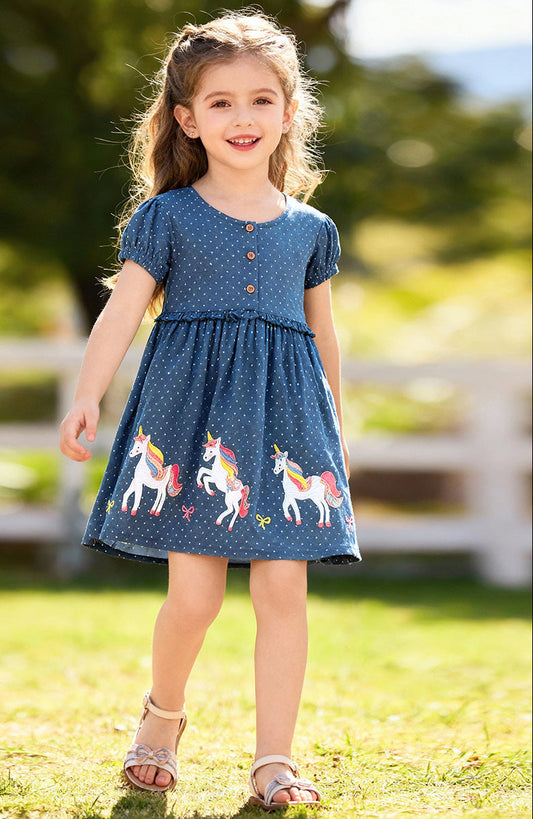 Cartoon Embroidered Summer Dress for Girls