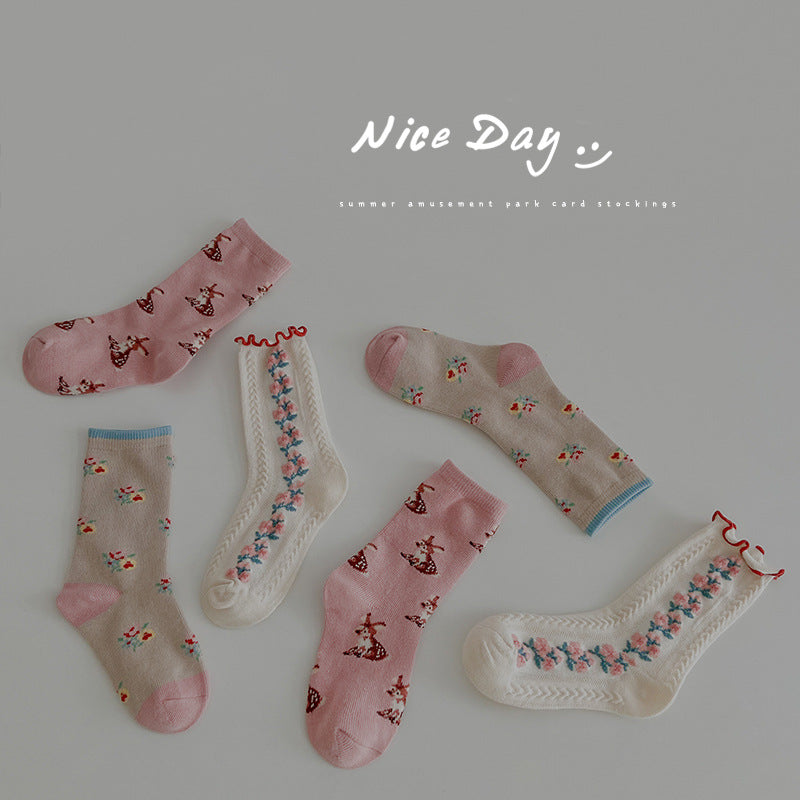 Girls Cotton Floral Ruffle Mid Calf Breathable Socks