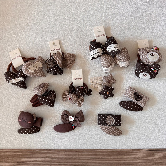 Chic Bowknot Hair Ties Set for Kids in Coffee Fabric