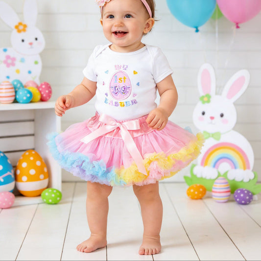 Easter Baby Dress Set Cartoon Embroidery Short Sleeve Romper with Skirt and Hair Accessories