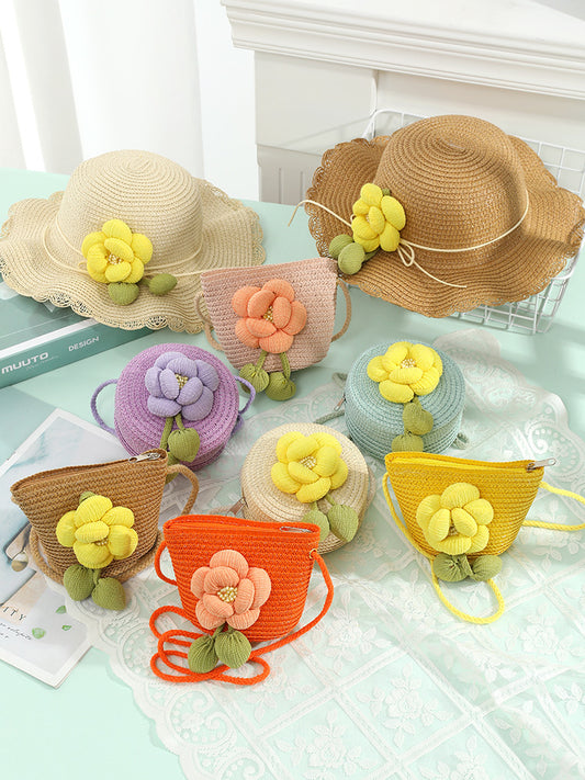 Kids' Summer Woven Straw Bag with Floral Design