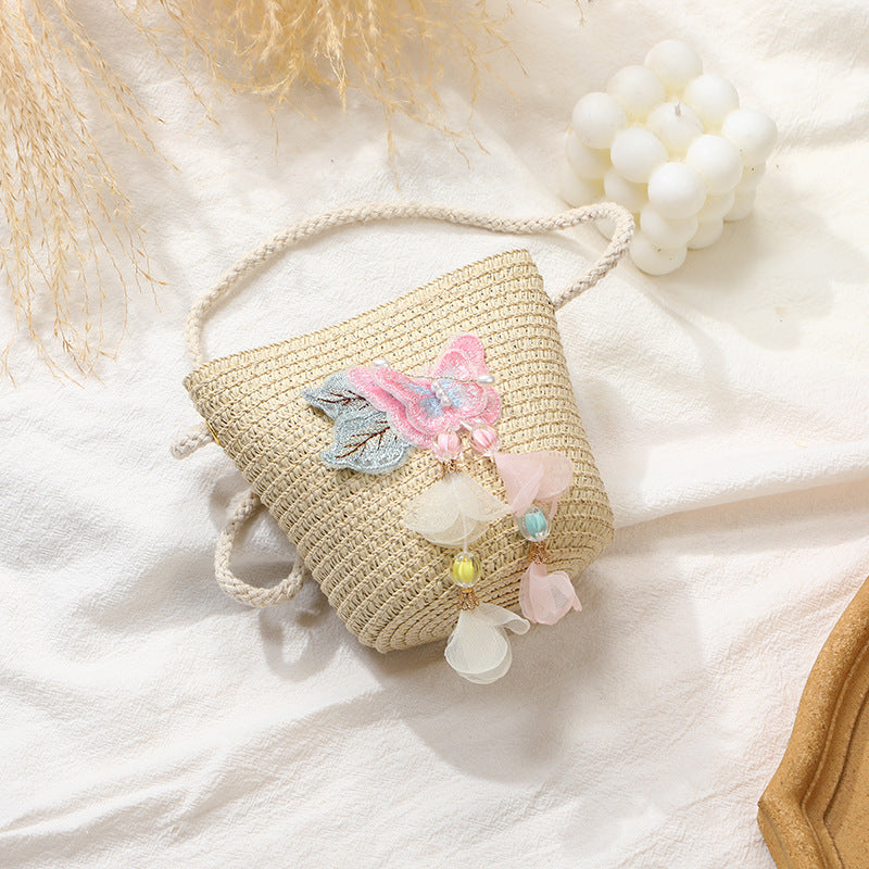Woven Beach Bag with Butterfly Tassels for Girls