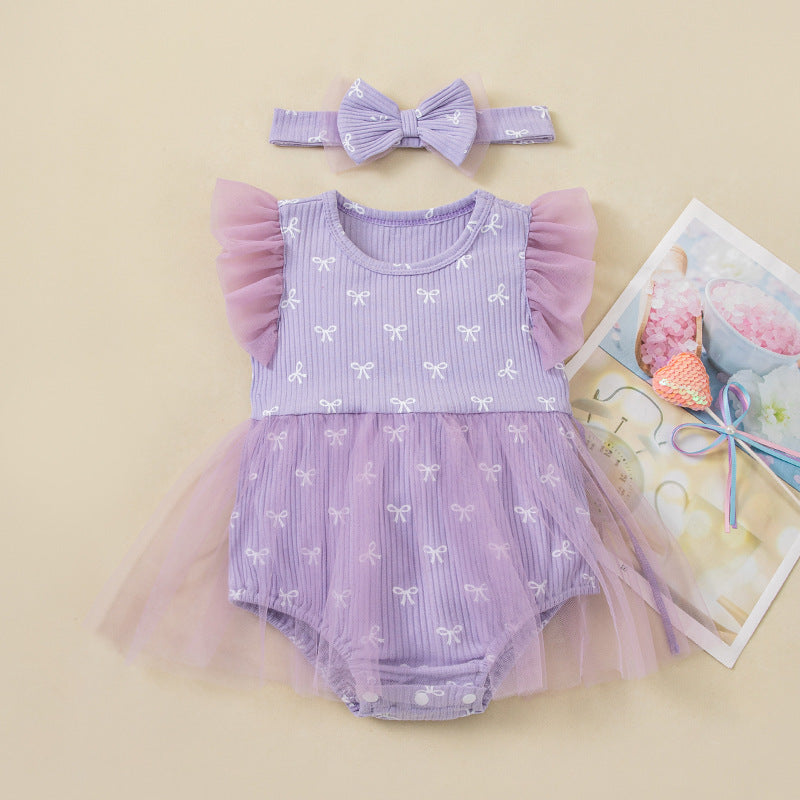 New Cute Floral Sleeve Baby Girl Mesh Romper Dress Set