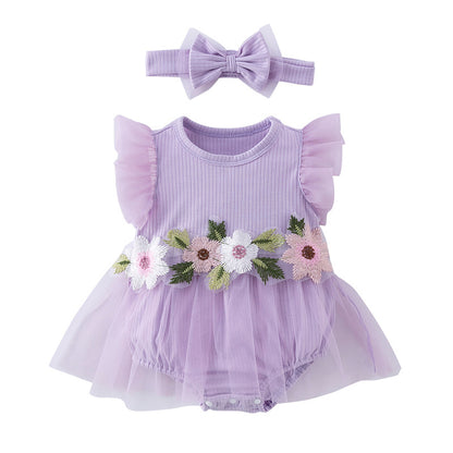 New Cute Floral Sleeve Baby Girl Mesh Romper Dress Set