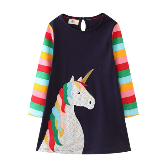Girls Long Sleeve Unicorn Princess Dress Cotton Casual Wear
