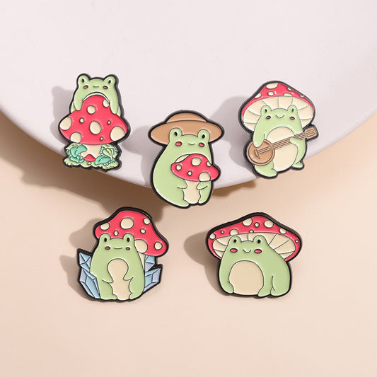 Cute Frog Mushroom Design Brooch - Zinc Alloy Animal Pin