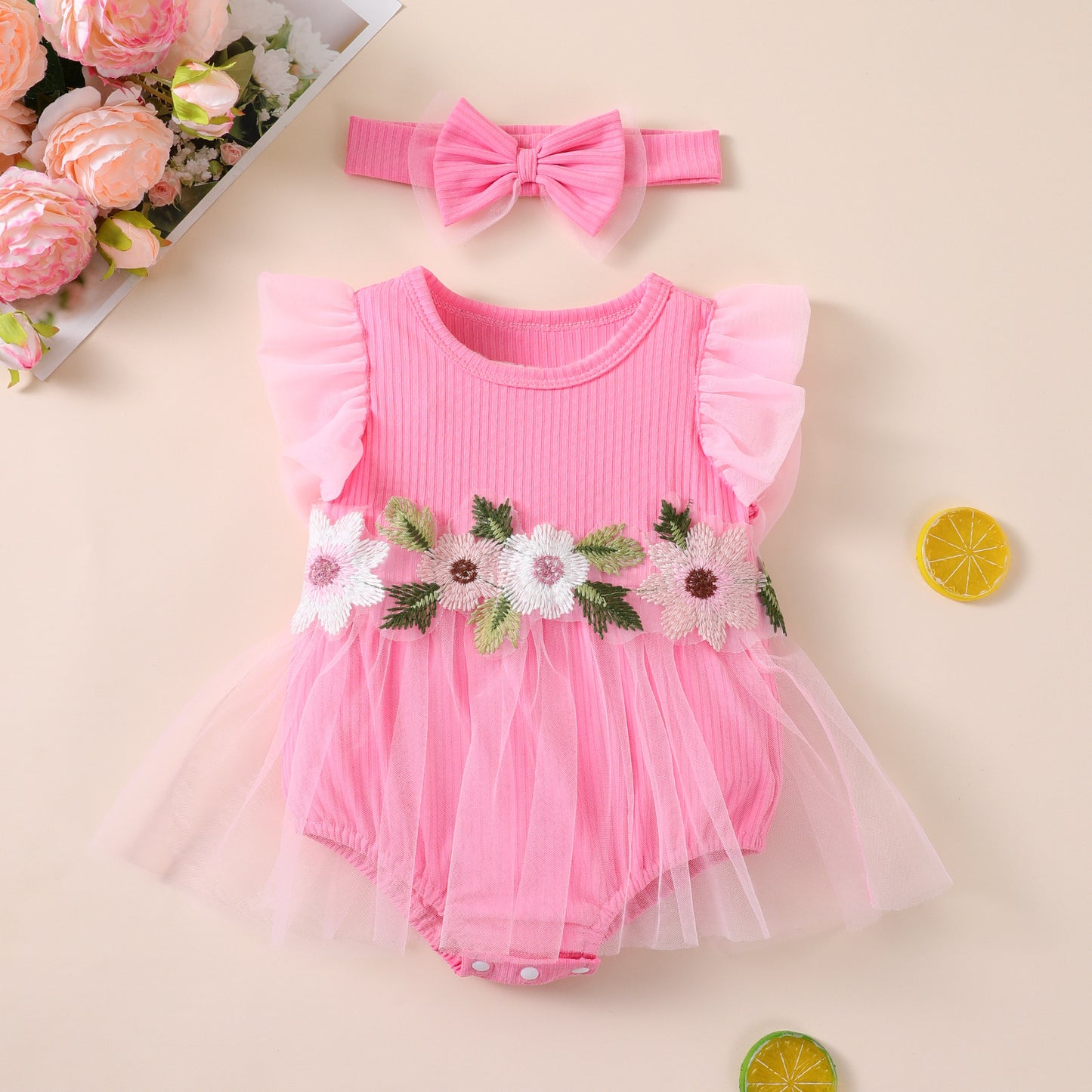 New Cute Floral Sleeve Baby Girl Mesh Romper Dress Set