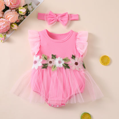 New Cute Floral Sleeve Baby Girl Mesh Romper Dress Set