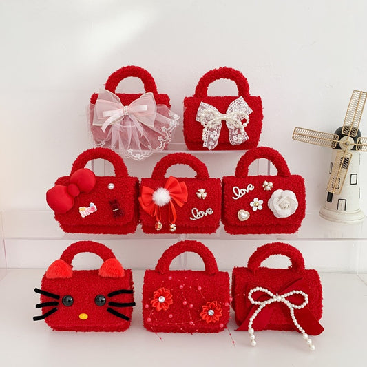 Cute Plush Red Children’s Handbag with Bow Design