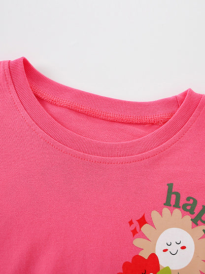 Cartoon Flower Printed Cotton Short Sleeve Set for Girls