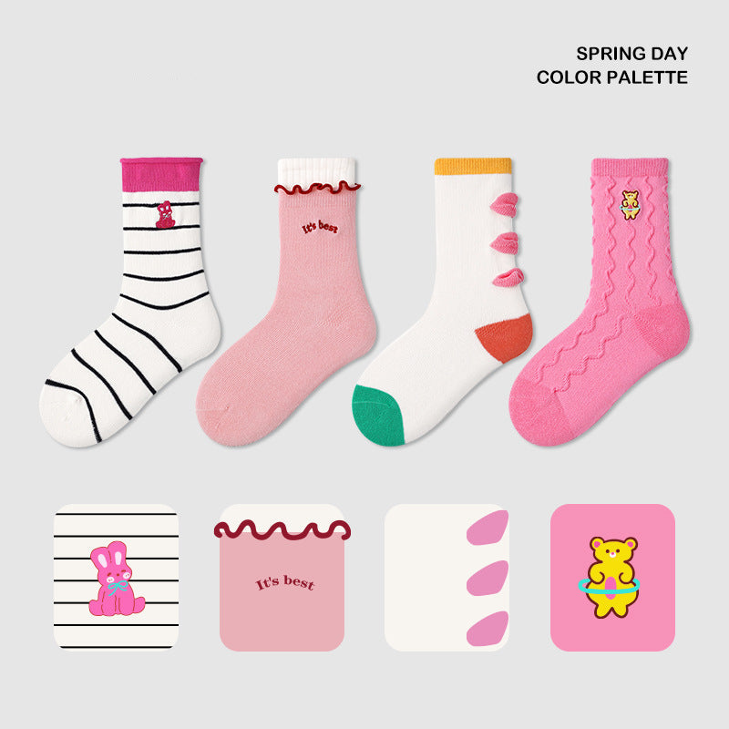 Kids Socks Mid Calf Striped Lace Cuff Breathable Cotton