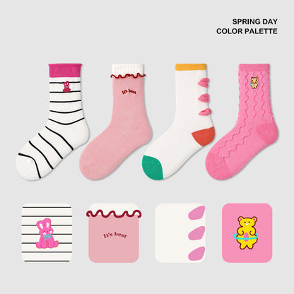 Kids Socks Mid Calf Striped Lace Cuff Breathable Cotton