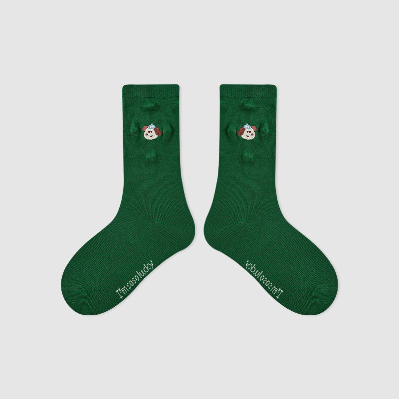 Kids Mid Calf Animal Embroidered Cotton Socks
