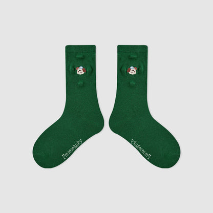 Kids Mid Calf Animal Embroidered Cotton Socks