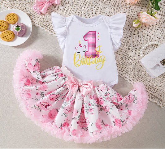 Cartoon Letter Birthday Sleeveless Dress Set for Baby Girls