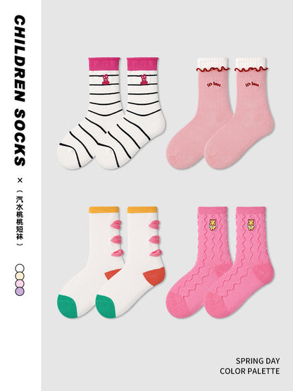 Kids Socks Mid Calf Striped Lace Cuff Breathable Cotton