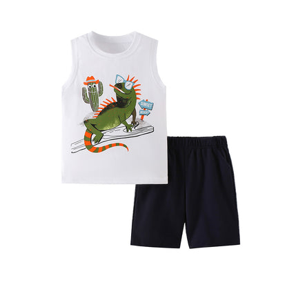 Cartoon Animal Print Cotton Boys' Tank Top and Shorts Set