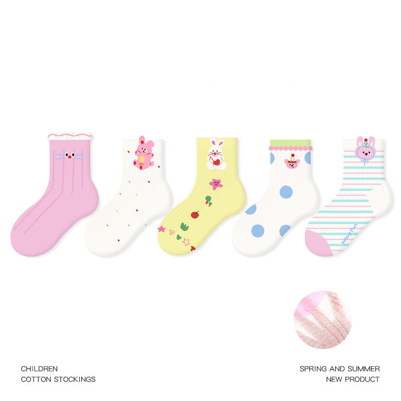 Kids Cotton Socks Cute Bunny Grid Breathable Mesh