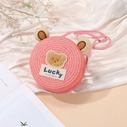 Cute Woven Straw Bag for Girls - Cartoon Design - Breathable Material - Casual Use