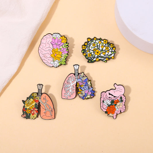 Pink Brain Skeleton Chest Pin Geometric Metal Badge