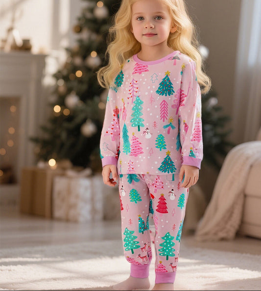 Cartoon Christmas Tree Print Milk Silk Pajama Set for Kids