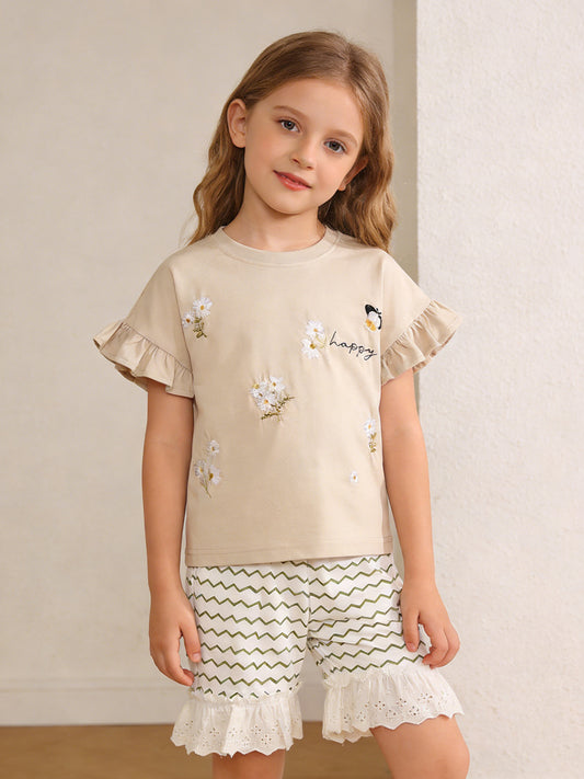 Girls' Cute Floral Embroidered Short Sleeve Outfit