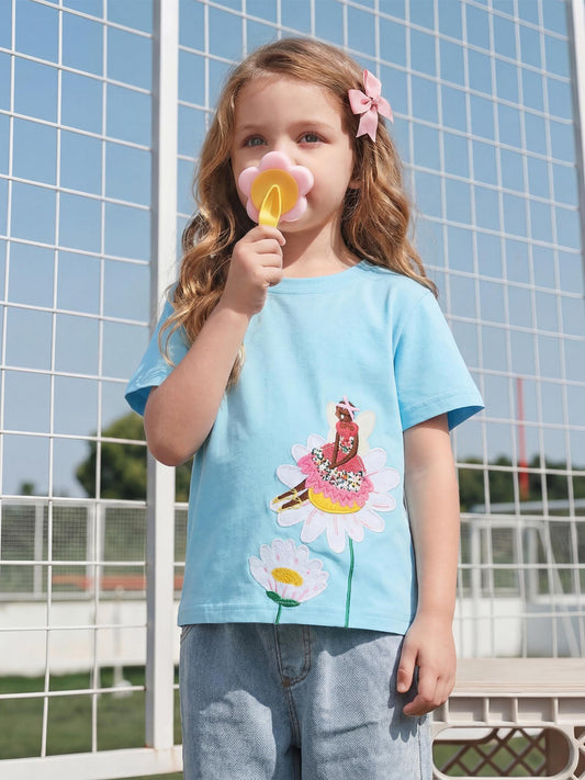 Summer Girls' Embroidered Daisy T-Shirt Cute Casual Cotton Top