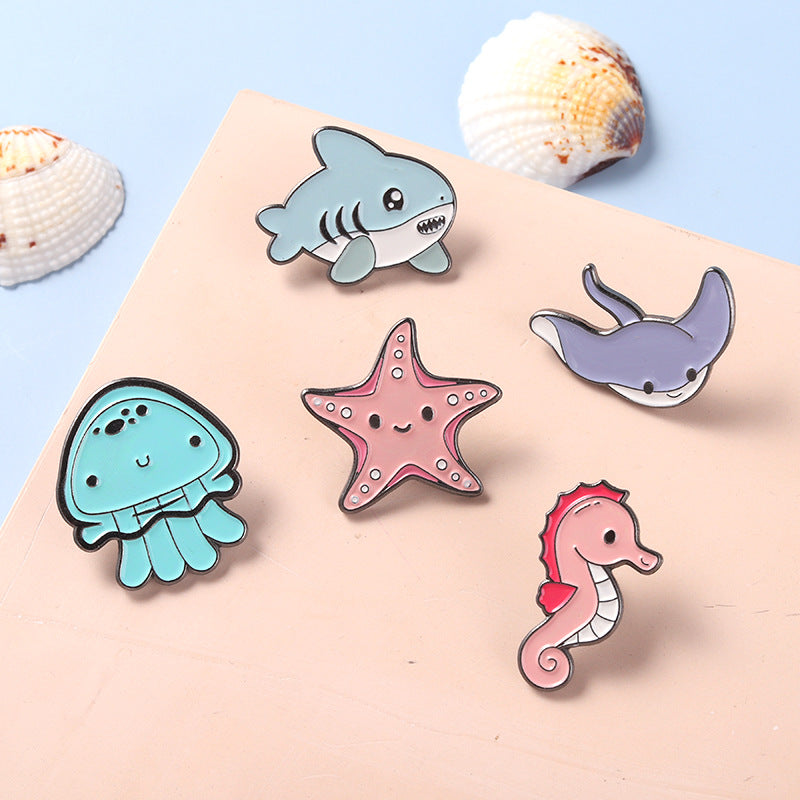 Ocean Animal Series Cute Enamel Pins Shark Jellyfish Seahorse Brooches