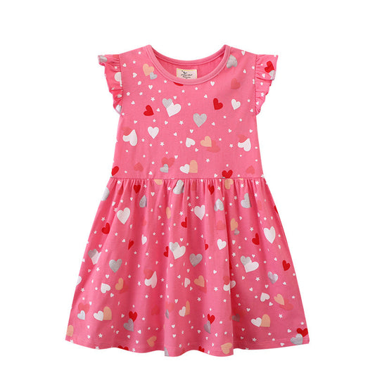 Heart Print Knit Cotton Dress for Girls