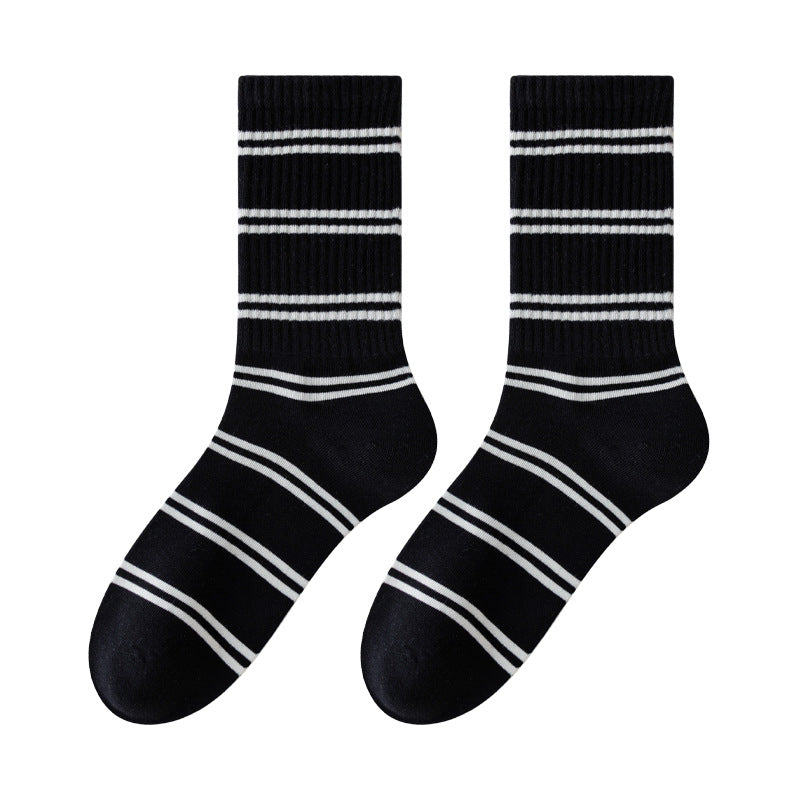 Retro Striped Cotton Mid-Calf Socks for Women