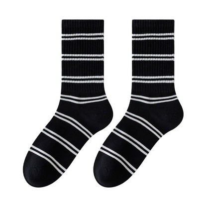 Retro Striped Cotton Mid-Calf Socks for Women